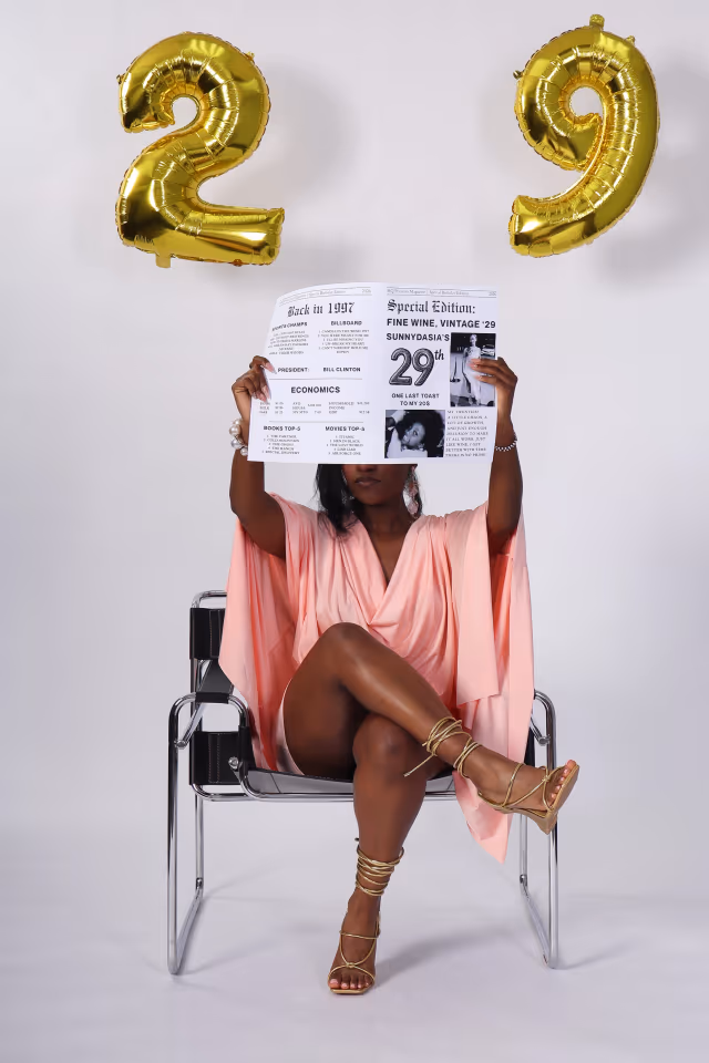 Share-ready vertical birthday newspaper portrait with gold balloons