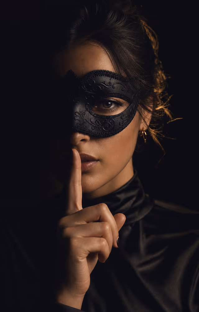 Woman in a black Venetian mask holding a finger to her lips in a quiet secret gesture