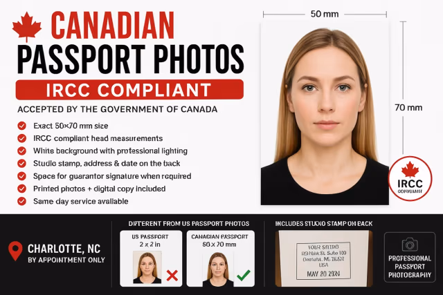 Canadian passport photo service graphic showing 50 x 70 mm IRCC photo requirements